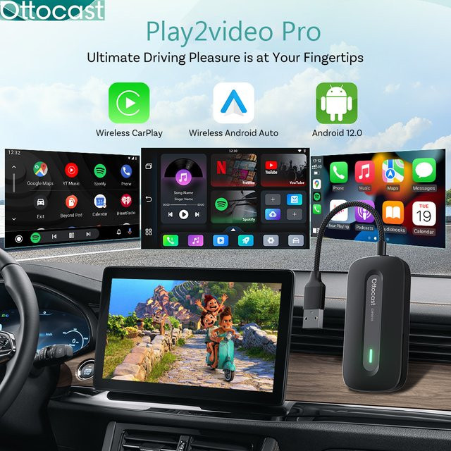 Ottocast Play2Video Pro AI Box Wireless CarPlay und Android Auto Adapter in Schwarz mit integriertem YouTube, Netflix und IPTV für dein Auto - Bild 1