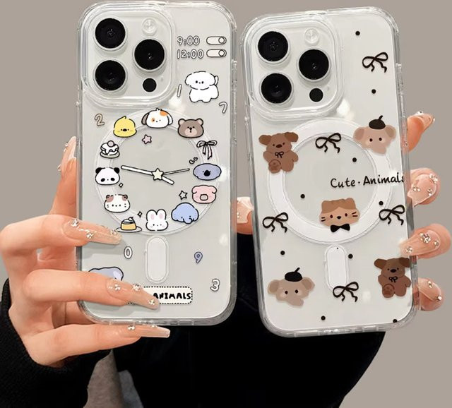 Transparente magnetische Handyhülle mit süßen koreanischen Cartoon-Tieren für Apple iPhone 17, 16, 15, 14, 13, 12 Pro Max kompatibel mit kabellosem Laden - Bild 1