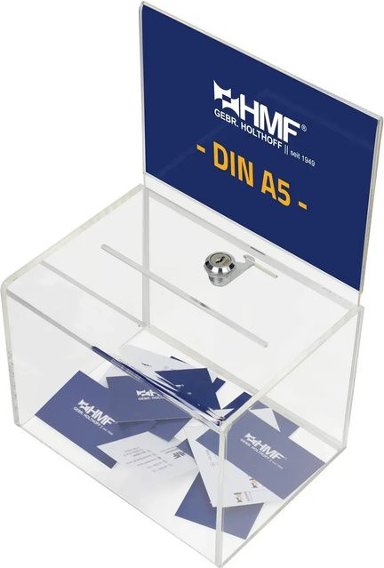 HMF Spendenbox 46913 aus Acryl, abschließbar, transparent, B/T/H: 21,5 x 16 x 16 cm, mit DIN A5 Blatteinschub - Bild 1