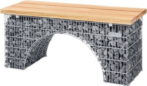 Bellissa Sitzbank Bogengabione aus Stahl und Douglasienholz in Silber, B/T/H: 125 x 45 x 54 cm - Bild 2