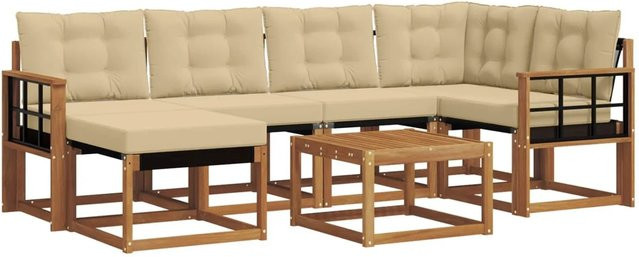 vidaXL Sofa Set 7-teilig L-Form aus Akazienholz und Textilene in Natur und Beige mit Kissen - Bild 1