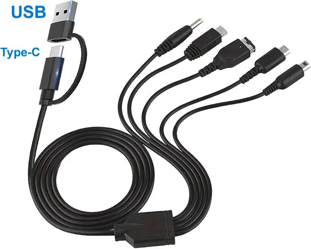 5-in-1 USB-C Ladekabel für Nintendo New 3DS XL, Nds Lite, Ndsi Ll, Wii U, GBA und Sony PSP 1000/2000 in Schwarz - Bild 1
