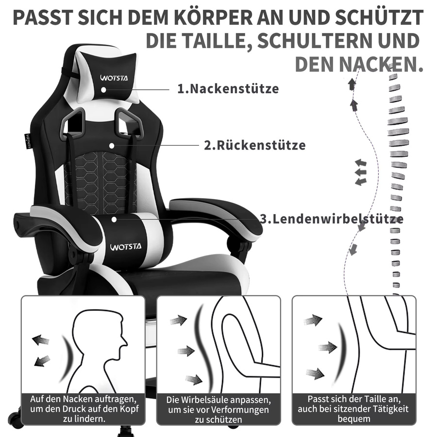 SUKIDA Ergonomischer Racing-Gaming-Stuhl in Schwarz-Weiß mit Kopfstütze und Lordosenstütze, verstellbar und drehbar aus Kunstleder - Bild 6