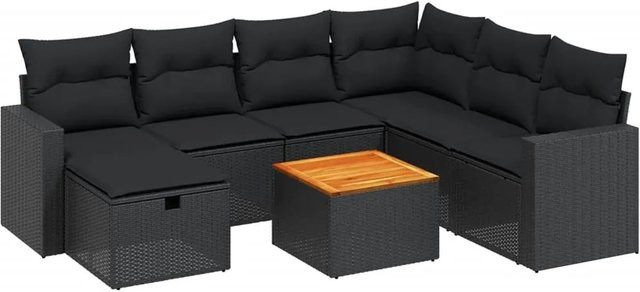 vidaXL 8-tlg Garten-Sofagarnitur in L-Form aus schwarzem PE-Rattan mit Kissen und pulverbeschichtetem Stahlgestell - Bild 1