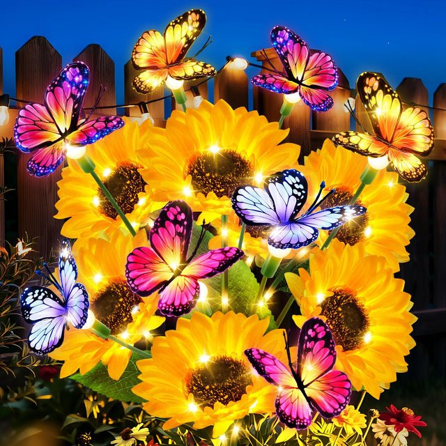 PUAIDA Solar Sonnenblumen Gartenlichter Set mit 16 Schmetterlingen, Wasserdichte Solar Blumen Deko in Gelb für Garten und Rasen - Bild 1