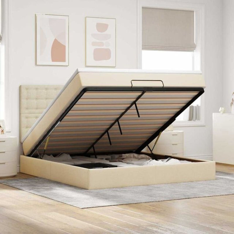 vidaxl Ottoman Polsterbett mit Matratze und LED in Beige aus Stoff, B/T/H: 160 x 200 x 128 cm - Bild 1
