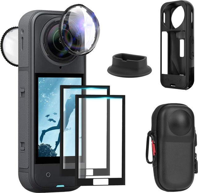 Insta360 X5 Zubehör-Set in Schwarz mit Tragetasche, Silikonhülle, Objektivschutz, Displayschutzglas und Silikon-Stützhalterung - Bild 1