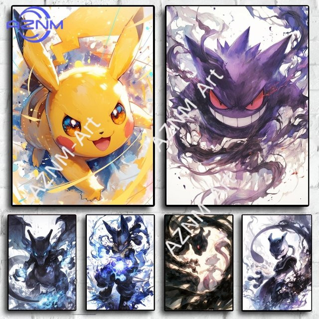 KAYOU Pokemon Aquarell-Dekorationsgemälde Pikachu und Gengar in Mehrfarbig für dein Wohnzimmer oder Schlafzimmer - Bild 1