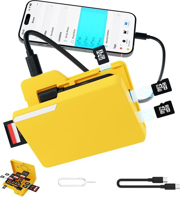 BUDI SD-Speicherkartenleser mit USB-C Anschluss und Aufbewahrungskoffer in Gelb - Bild 1
