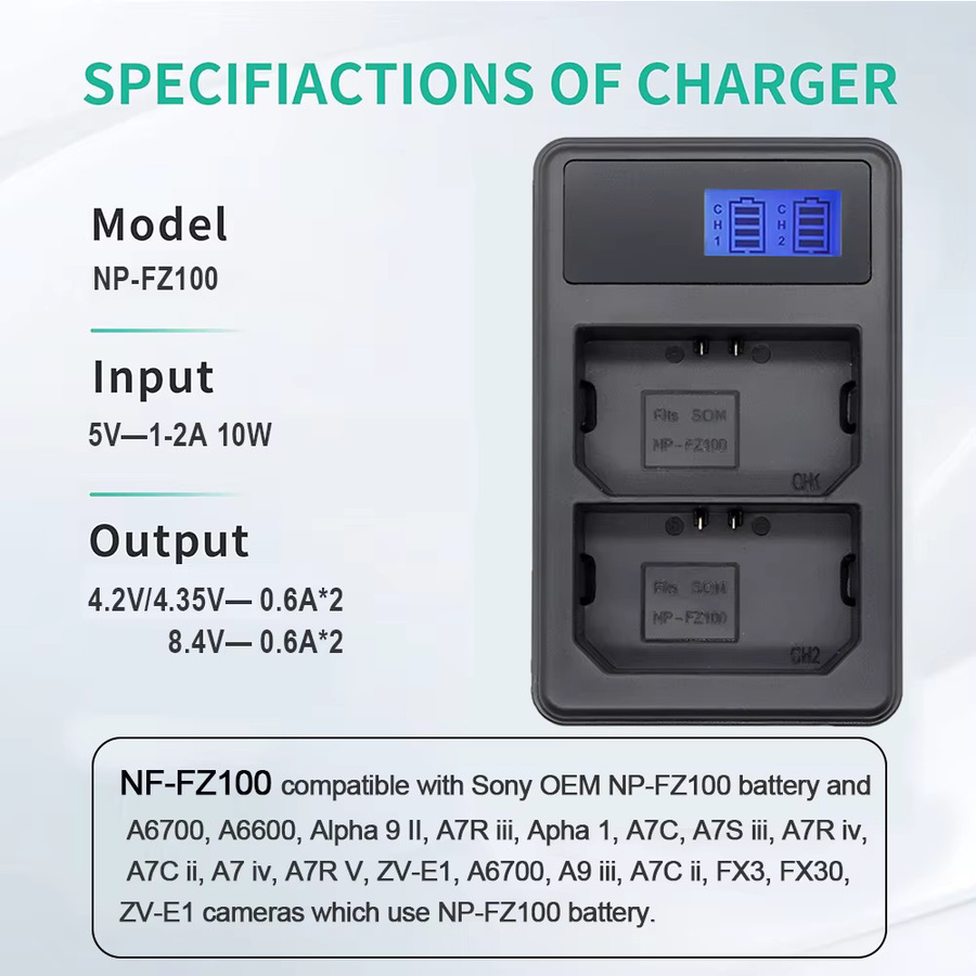 Tellyee Akkuladegerät für NP-FZ100 Akkus in Schwarz, kompatibel mit Sony A7 III, A7 IV, FX3, FX30, A9 II, A7R V, ZV-E1 und A6700 - Bild 3