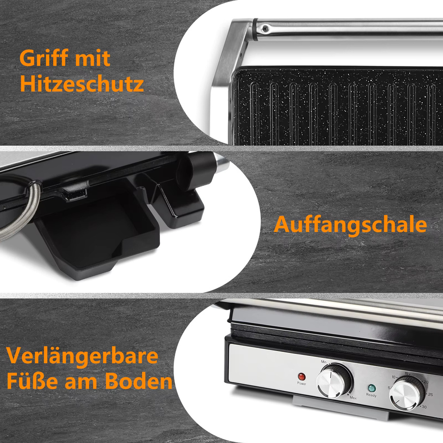 Aigostar Kontaktgrill in Silber mit Keramikbeschichtung, 2000 Watt, Panini Grill und Sandwichmaker mit 30 Minuten Timer, einstellbarem Thermostat und 180 Grad Öffnung - Bild 5