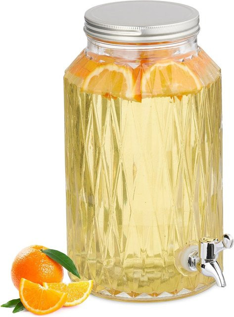 Relaxdays Getränkespender aus Glas mit Rauten-Design in Transparent und Silber mit Zapfhahn und Deckel, 5 l - Bild 1