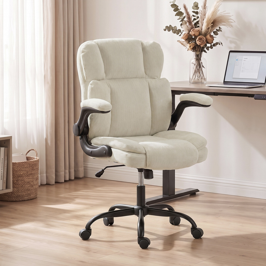 HOMCOM Ergonomischer Bürostuhl aus Chenille in Beige mit klappbaren Armlehnen, Wippfunktion und 360 Grad Drehbarkeit für dein Büro oder Wohnzimmer - Bild 2