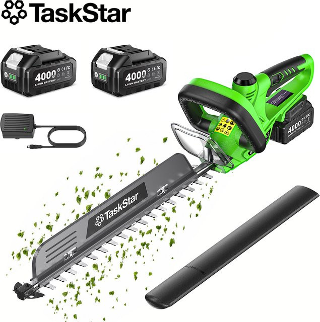 TaskStar Akku-Heckenschere mit 22 Zoll Doppelseitiger Schneidklinge und 180 Grad drehbarem Kopf in Grün - Bild 1