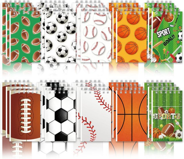 Mini-Notizblock Set mit Fußball, Volleyball, Basketball und Rugby Motiven, liniertes Notizbuch aus Karton in Mehrfarben - Bild 1