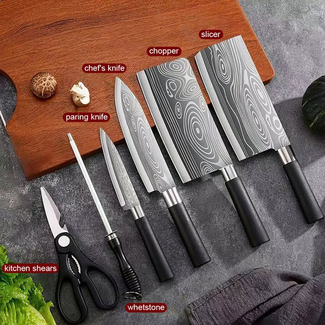 MDHAND Küchenmesser-Set aus Damaskus-Edelstahl mit Lasermuster in Schwarz, bestehend aus Kochmesser und Fleischbeil - Bild 1