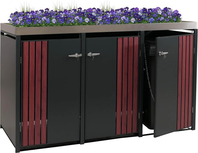 MCW 3er-Mülltonnenverkleidung O67 mit Pflanzkasten aus Metall in Anthrazit Holzoptik Dunkel, B/T/H: 125 x 196 x 84 cm - Bild 1
