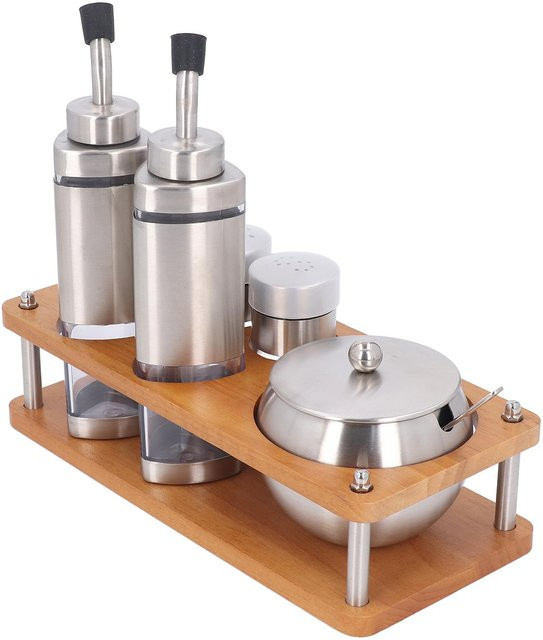 Küchen Gewürzspender Set von mfySpace mit Holzsockel, Öl- und Essigflaschen sowie Salzstreuer aus Glas und Edelstahl, Farbe: Grau/Silber - Bild 1