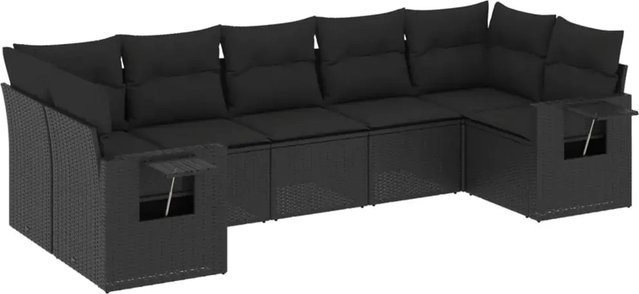 vidaXL 7-teilige Garten-Sofagarnitur in L-Form aus Poly-Rattan in Schwarz mit Kissen und pulverbeschichtetem Stahlgestell - Bild 1