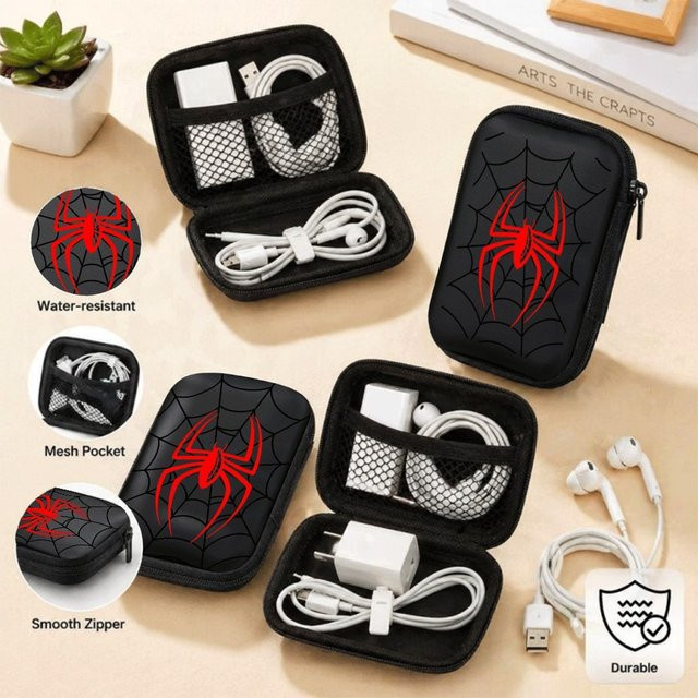 Stoßfeste EVA Hartschalen-Elektronik-Organizer Tasche mit rotem Spinnen-Print für Kabel, Ohrhörer und Festplatten, Farbe: Rot/Schwarz - Bild 1