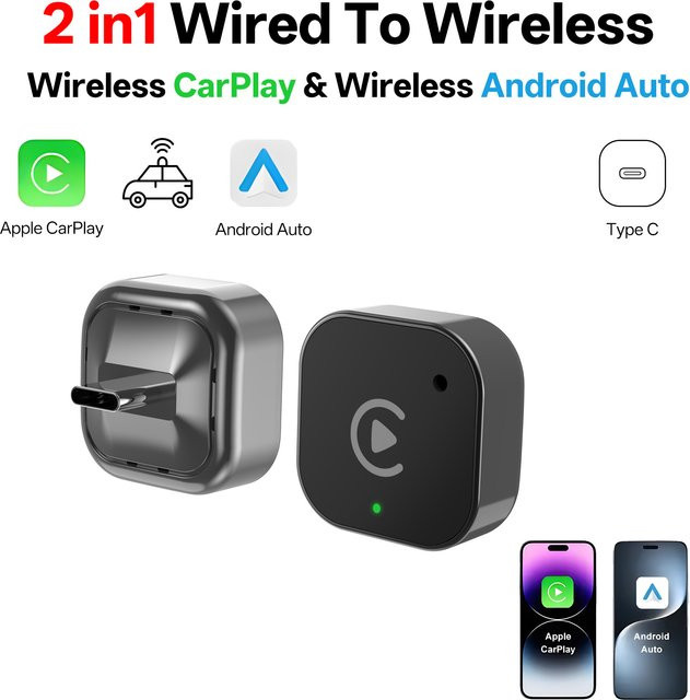 Neelyke Kabelloser CarPlay und Android Auto Adapter mit USB-C Anschluss in Schwarz - Bild 1