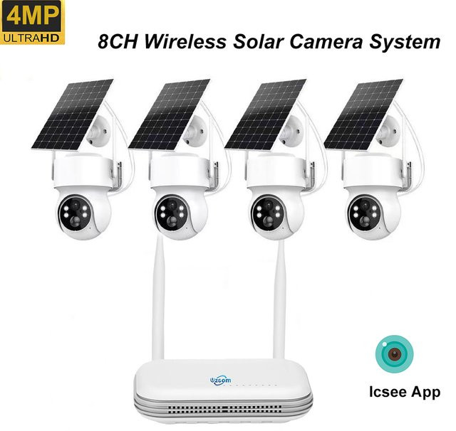 Uzoom 8Ch CCTV Sicherheitssystem mit 4MP Wifi Solarkameras, NVR, Bewegungserkennung, Zwei-Wege-Audio und IR Nachtsicht in Weiß - Bild 1