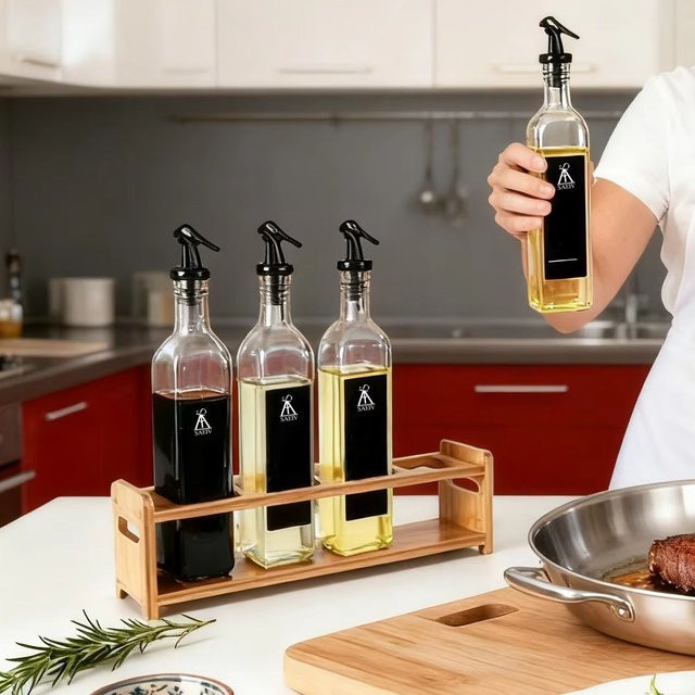 SAEIV 4er-Set Glasölflaschen mit Bambusständer und Edelstahl-Ausgießern, 500 ml pro Flasche, transparent, Set aus Olivenöl- und Essigspendern mit Metalltrichter und Korkstopfen - Bild 1