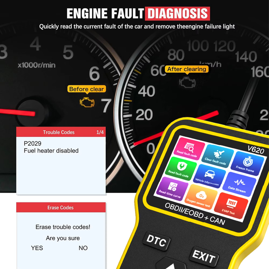 RUOGINSS OBD2-Scanner Diagnosetool mit Check Engine Light Code Reader, Reset-Funktion, Batterietester und Live-Daten in Gelb - Bild 6
