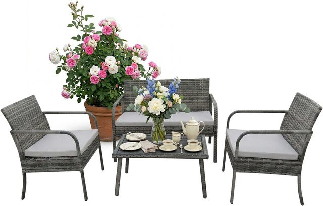 Relaxdays Gartenmöbel Set aus Polyrattan in Grau für 4 Personen mit modernem Flecht-Design, B/T/H: 106 x 78 x 56 cm - Bild 1