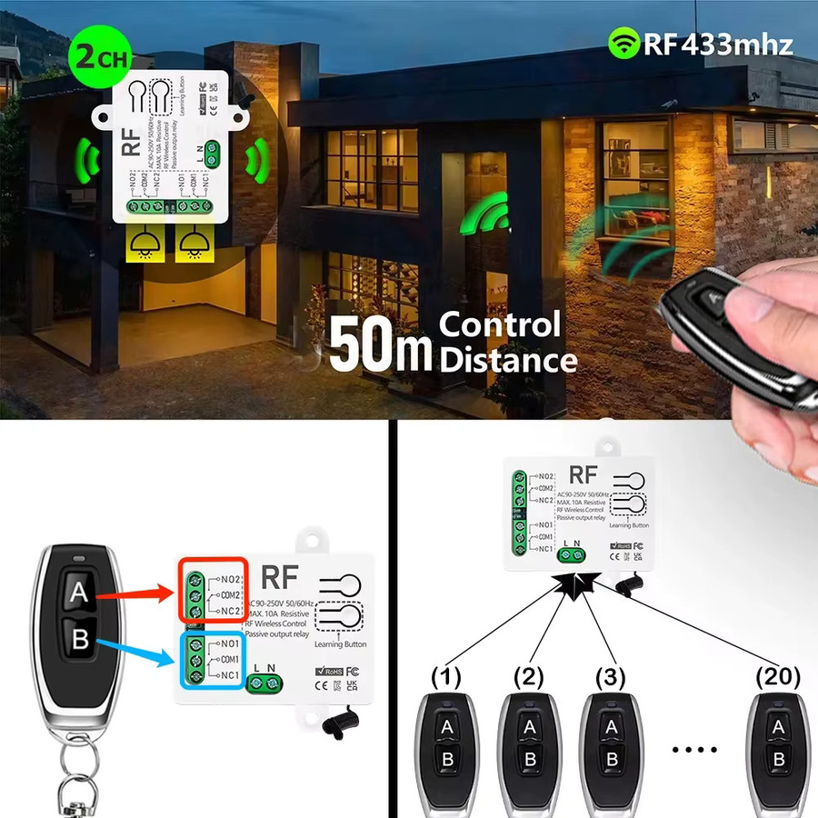 WenQia RF 433MHz Drahtloser Fernbedienungsschalter 2-Kanal Relais-Empfänger für AC110V 220V bis 2300W zur Steuerung von Motoren, Beleuchtung und Garagentoren - Bild 3