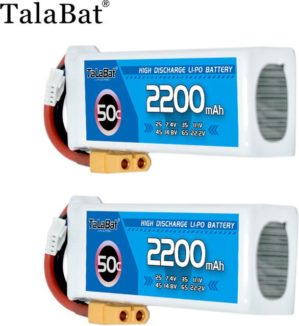 2er-Set TalaBat LiPo Akku 11,1 V 2200 mAh 50C mit T-Stecker und XT60 Stecker für RC Hubschrauber, Quadcopter und FPV Racing Drohnen, Weiß - Bild 1