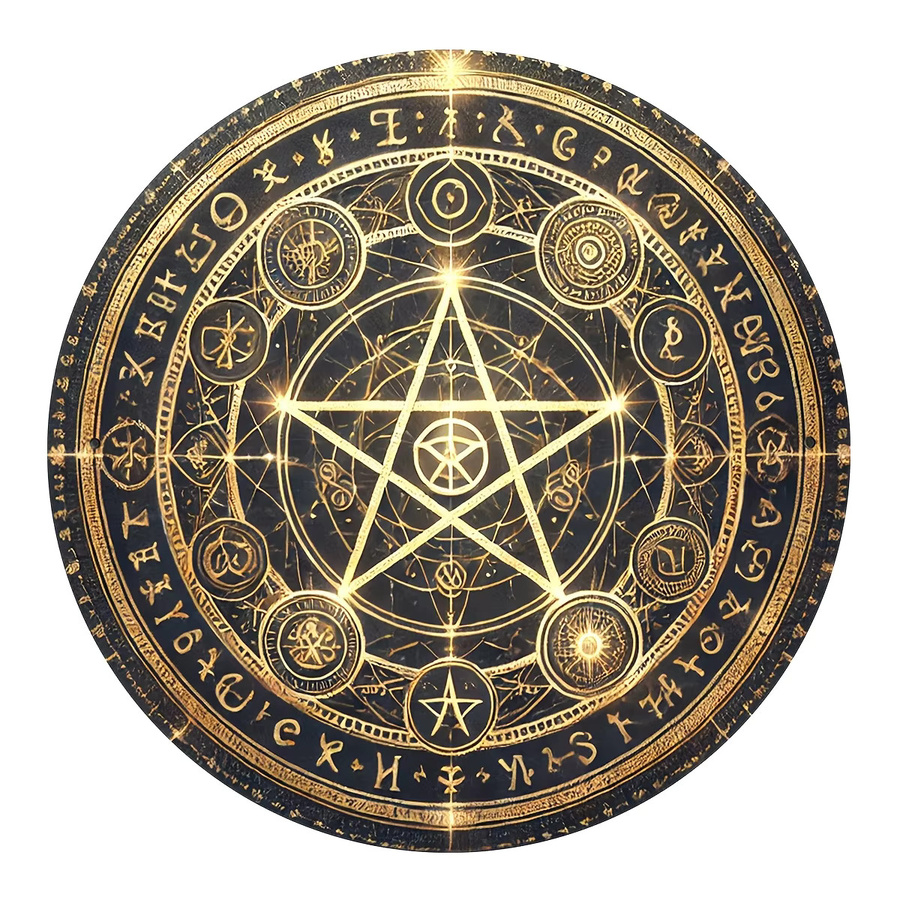 Potdemiel Vintage Pentagramm Aluminiumschild in Gold und Schwarz, runder Wandbehang mit geometrischen Symbolen, Durchmesser: 20 cm - Bild 2
