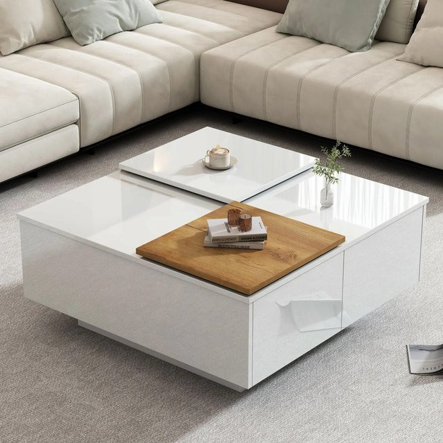 Merax Couchtisch quadratisch in Weiß mit Hochglanz-Finish und schiebbarer Tischplatte mit Ablage - Bild 1