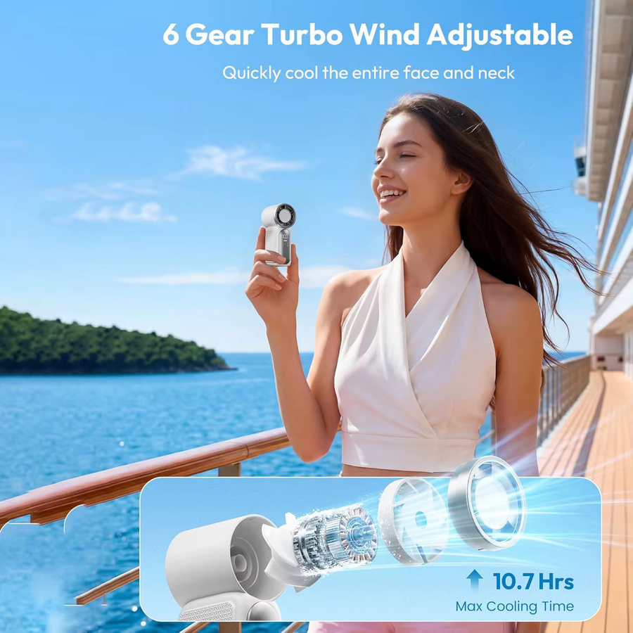 Tragbarer Mini-Handventilator von XMSJ mit Digitalanzeige, wiederaufladbarer Turbo-Taschenventilator in Pink oder Weiß - Bild 2