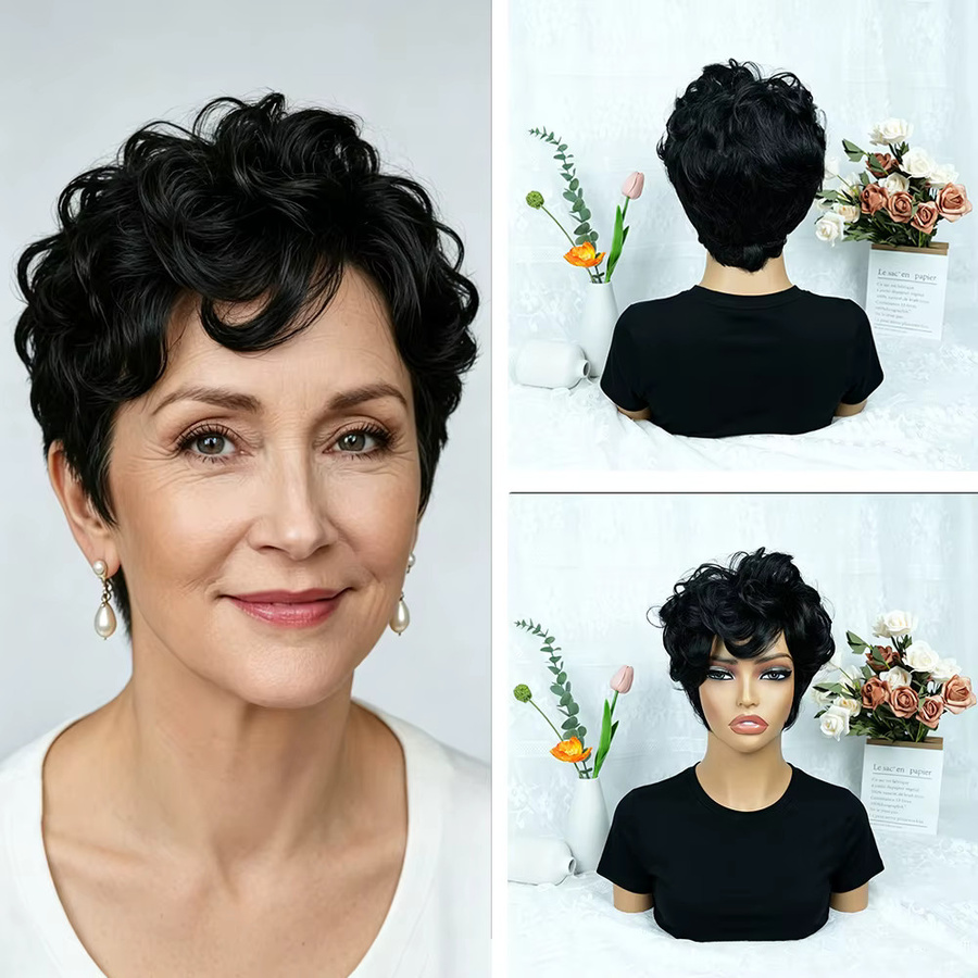 OYM HAIR Echthaar-Perücke Pixie-Schnitt, Damen, 15,2 cm, lockig mit Pony - Bild 3