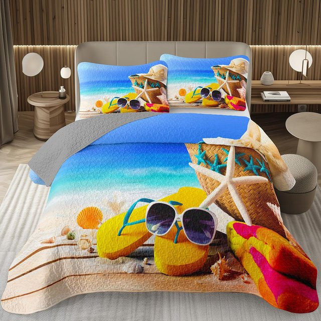 Lodestar Tagesdecke Set mit Tropische Palme Motiv in Blau, Bettwäscheset mit Küstenlandschaft und Meer-Design, B/H: 173 x 228 cm - Bild 1