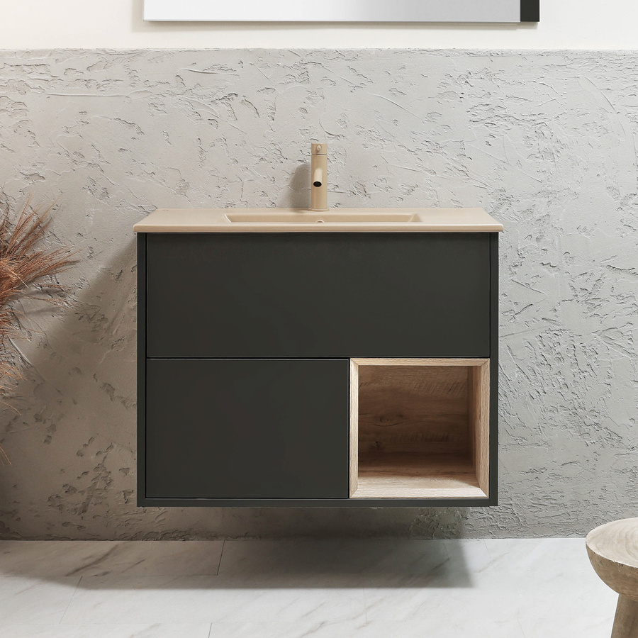Hängender Waschtischunterschrank HudsonReed mit Elements-Waschbecken in Beige und Schwarzgrau, modern und matt - Bild 1