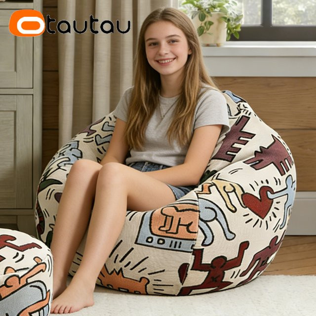 OTAUTAU Sitzsackbezug aus weichem Graffiti-Samt in Multicolour, runder Eckhocker Pouf im Boho-Stil, Durchmesser: 100 cm - Bild 1