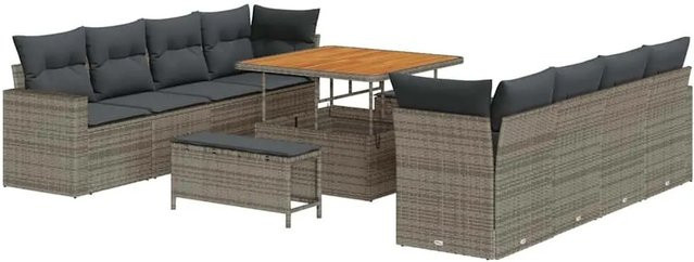 vidaXL Gartensofa-Set in U-Form aus Poly-Rattan und Akazienholz in Grau mit 12-teiligem Polster-Set und Stauraumfunktion - Bild 1
