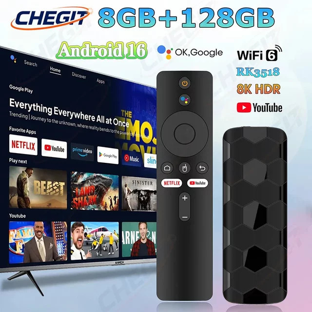 Android 16 R3+ 8K Ultra HD TV-Stick mit Dual-UI-Schnittstelle, Dual-WLAN 2,4G/5,8G, 8GB+128GB und RK3518 Quad-Core Mediaplayer in Schwarz - Bild 1