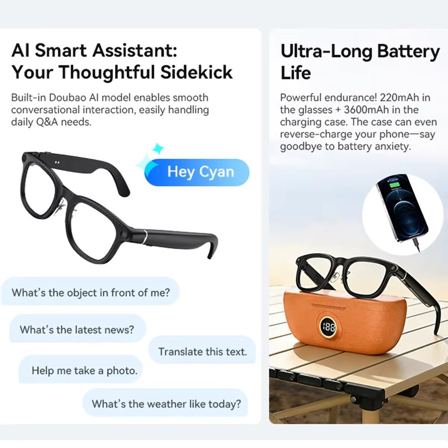 Vwar Smart-Brille mit 4K Action-Kamera, 1080P Video und KI-Übersetzungsfunktion, 3600mAh Powerbank, Schwarz - Bild 2