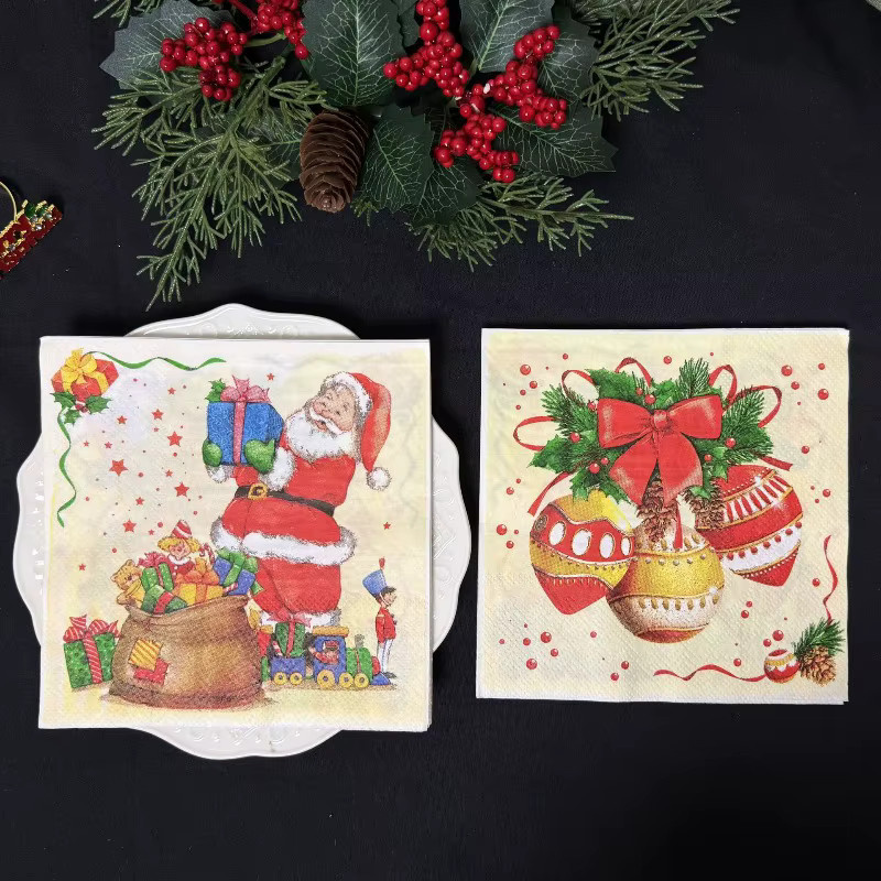 GUANYAO Weihnachtsservietten mit Santa Claus, Glocken, Kranz und Tannenzapfen Motiv, 2-lagig, 20 Stück, Multicolour - Bild 4