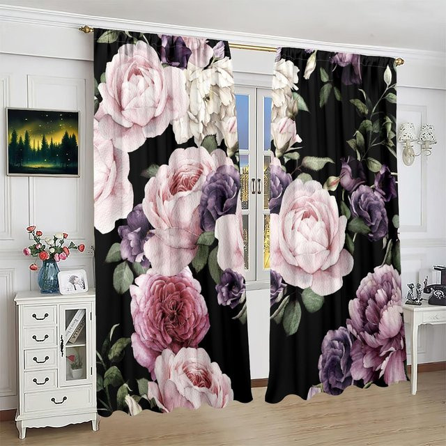 2er-Set bedruckte Blumen-Vorhänge aus Polyester in Multicolour für Schlafzimmer und Wohnzimmer, semi-transparent, Breite: 76,2 cm, Höhe: 165,1 cm - Bild 1