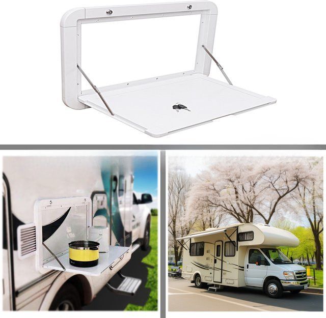 RV Out Klapptisch für Wohnmobile und Anhänger, externer Esstisch zur Außenseitenmontage, Weiß/Schwarz - Bild 1