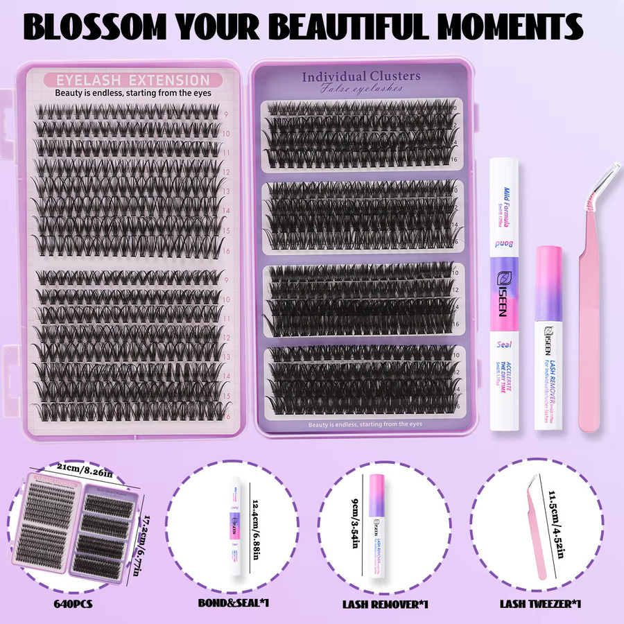 ISEEN DIY Wimpernverlängerungsset, 640 Stück, D-Locken, Unisex - Bild 2