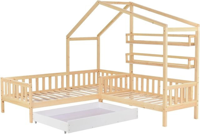 KOMHTOM Kinderhausbett aus Kiefernholz und MDF mit L-förmigem Gestell, Schubladen, Regalen und Schutzgittern in Natur - Bild 1