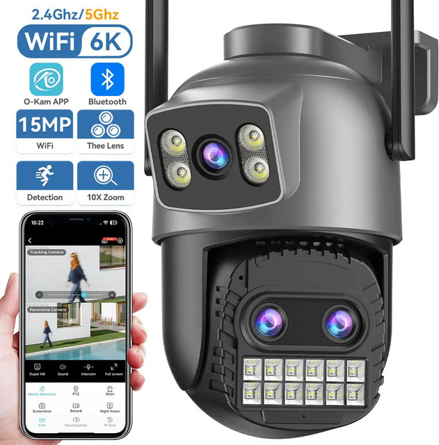 HAMROLTE O-Kam Pro PTZ Outdoor Überwachungskamera mit 15MP 6K Auflösung, Drei-Objektiv-System, 10X Zoom, Dual-Bildschirm und Auto-Tracking in Schwarz - Bild 1