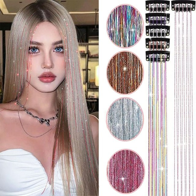 ISIGROSI Haarverlängerung Lametta-Clips, 12 Stück, glitzernd, synthetisch, Damen - Bild 1