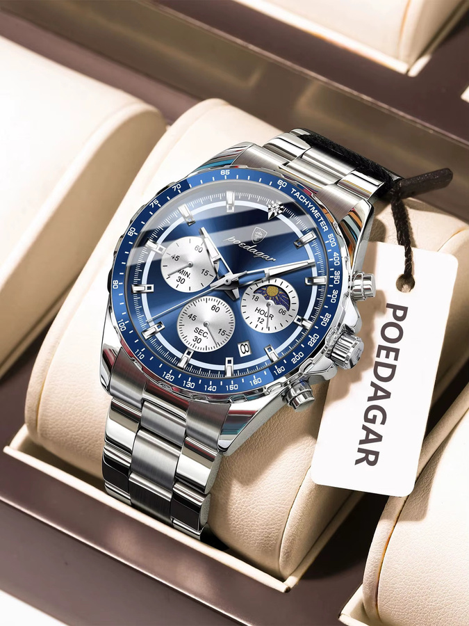 POEDAGAR Armbanduhr Chronograph, Quarz, Edelstahl, Silberblau, Herren - Bild 7