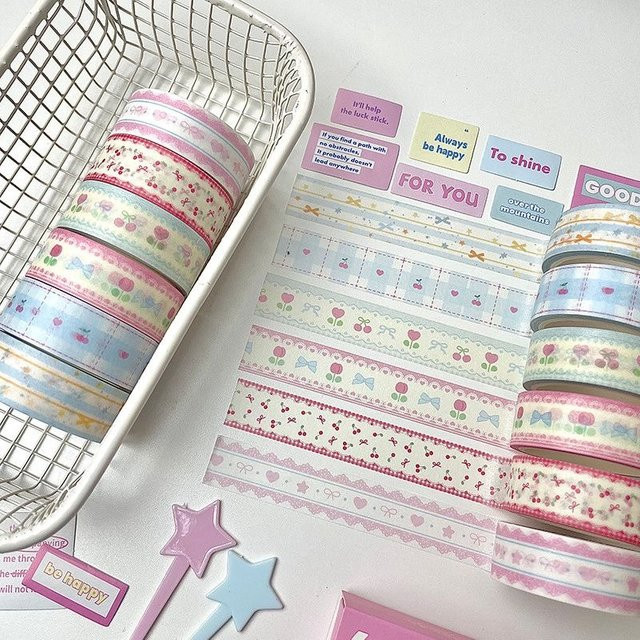 MINKYS Washi Tape Set mit Kirsch- und Stern-Motiven, 6er Pack, Multicolour, Kreatives Dekoband für Schule und Schreibwaren - Bild 1